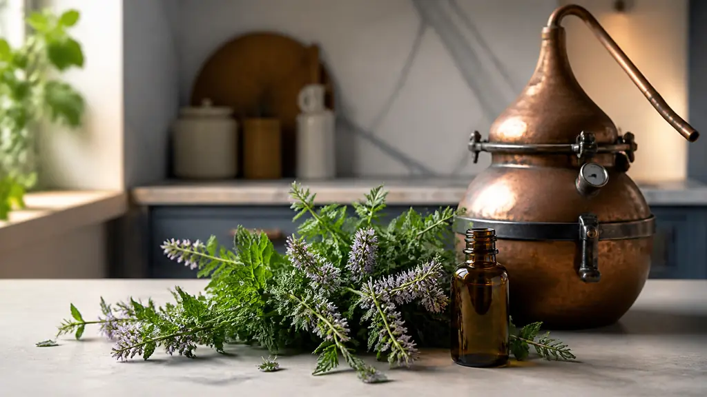 Editorial close-up of fresh peppermint flowering tops beside an amber essential oil bottle and a small copper steam distillation apparatus, soft natural kitchen light, no text, no logo