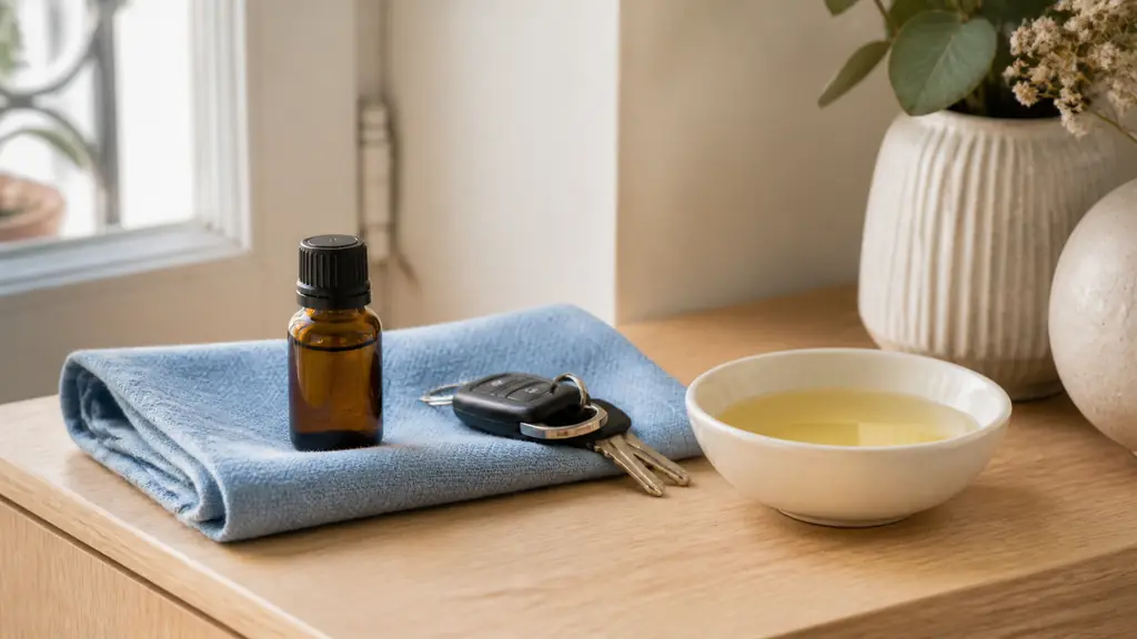 Editorial photograph of a peppermint essential oil bottle beside a folded handkerchief and car keys, with a small bowl of carrier oil prepared for a gentle abdominal massage, soft natural light, no text, no logo