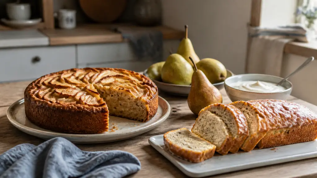 Homemade apple cake and sliced lemon poppy seed loaf on a family kitchen table, with fresh pears and a small bowl of natural yogurt, warm editorial food photography, no text, no logo