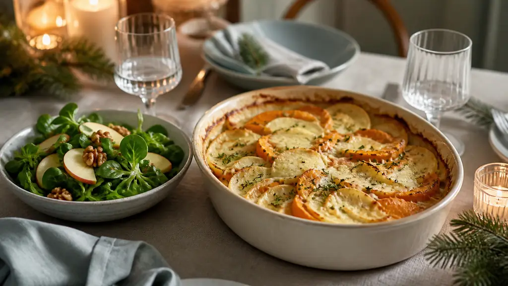 Roasted thyme squash, potato and celeriac gratin, and a fresh lamb's lettuce salad with apple and walnuts on a Christmas dining table, warm editorial food photography, no text, no logo