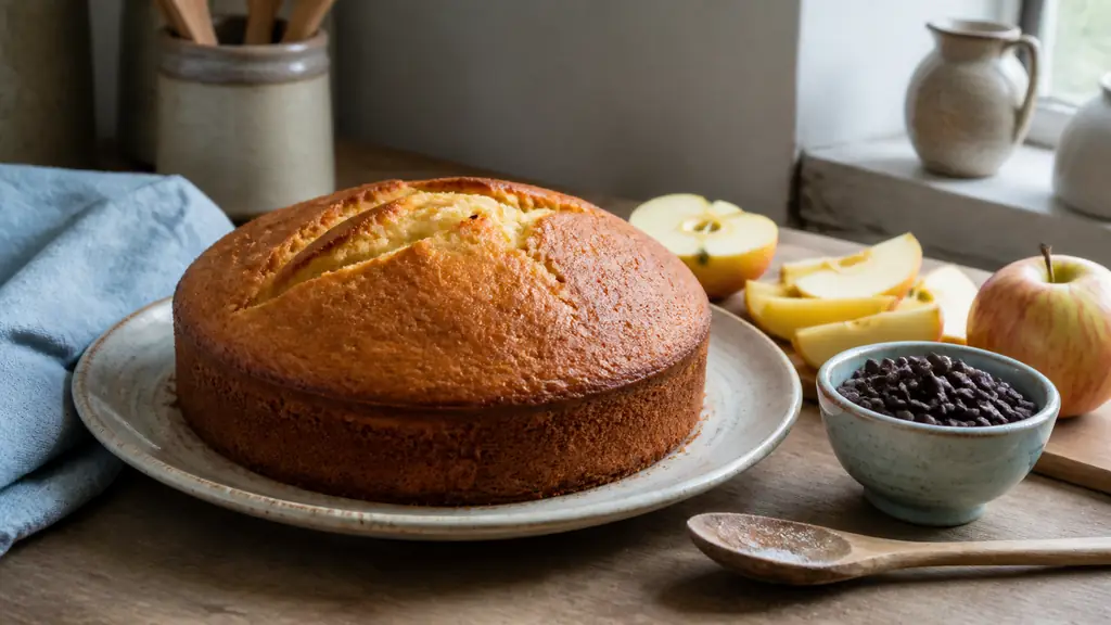 Homemade yogurt cake on a kitchen table with sliced apples, a small bowl of chocolate chips and a wooden spoon, natural daylight, editorial food photography, no text, no logo