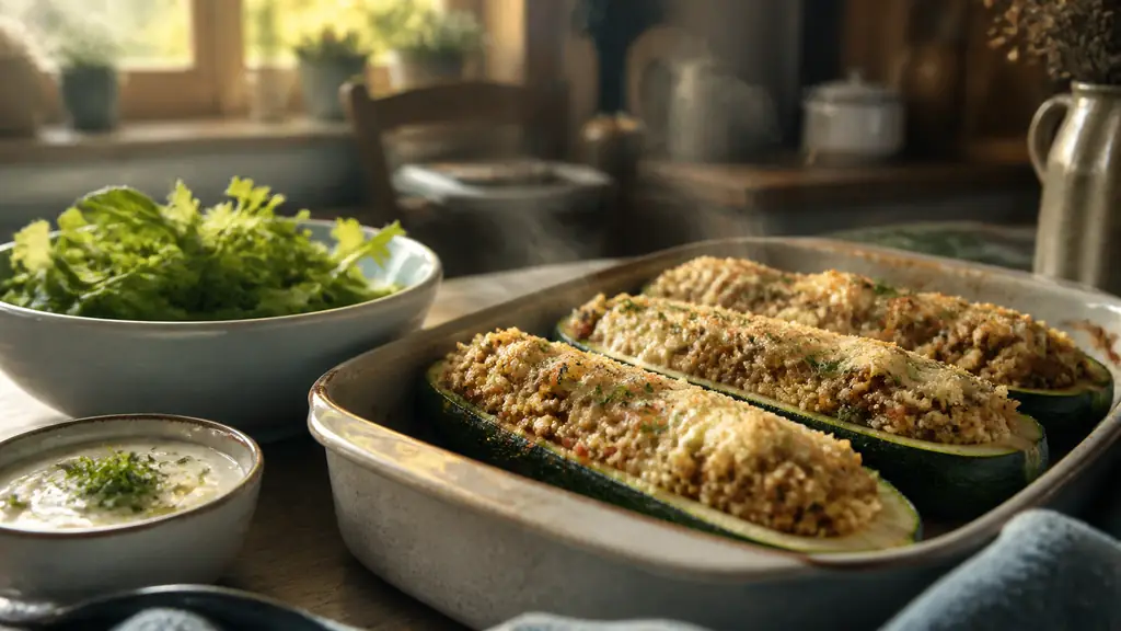 Quinoa stuffed courgettes coming out of the oven beside a bowl of green salad and a small yogurt sauce, warm family kitchen, natural evening light, editorial food photography, no text, no logo
