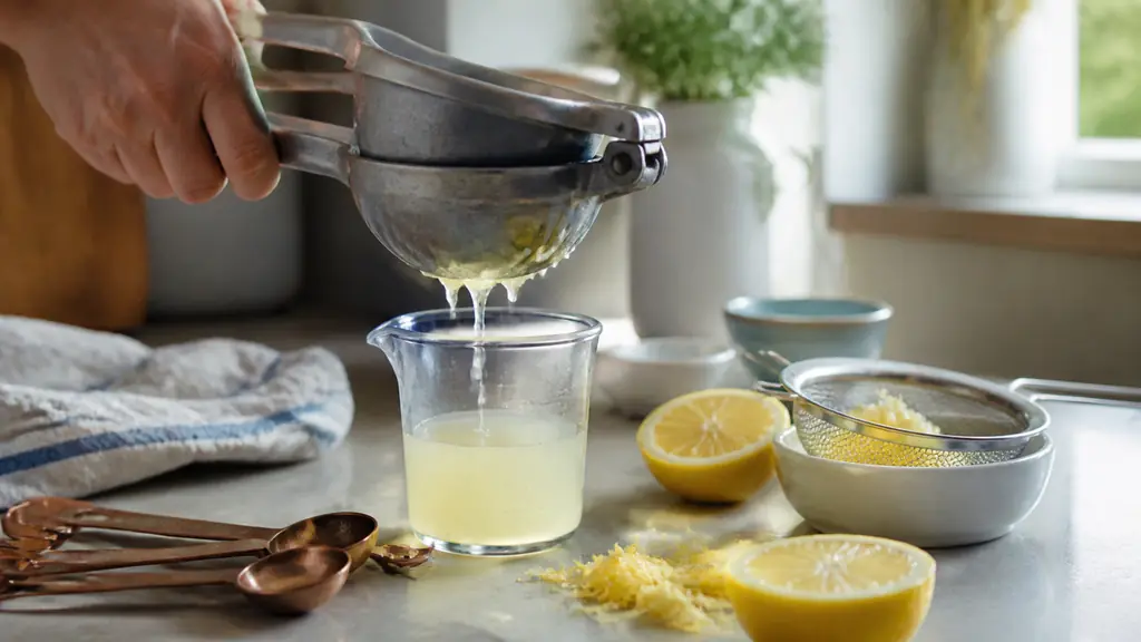 Close-up editorial food photograph of fresh lemon juice being poured from a hand press into a small graduated glass, with measuring tablespoons, filtered pulp and lemon zest on a kitchen worktop, natural daylight, no text, no logo