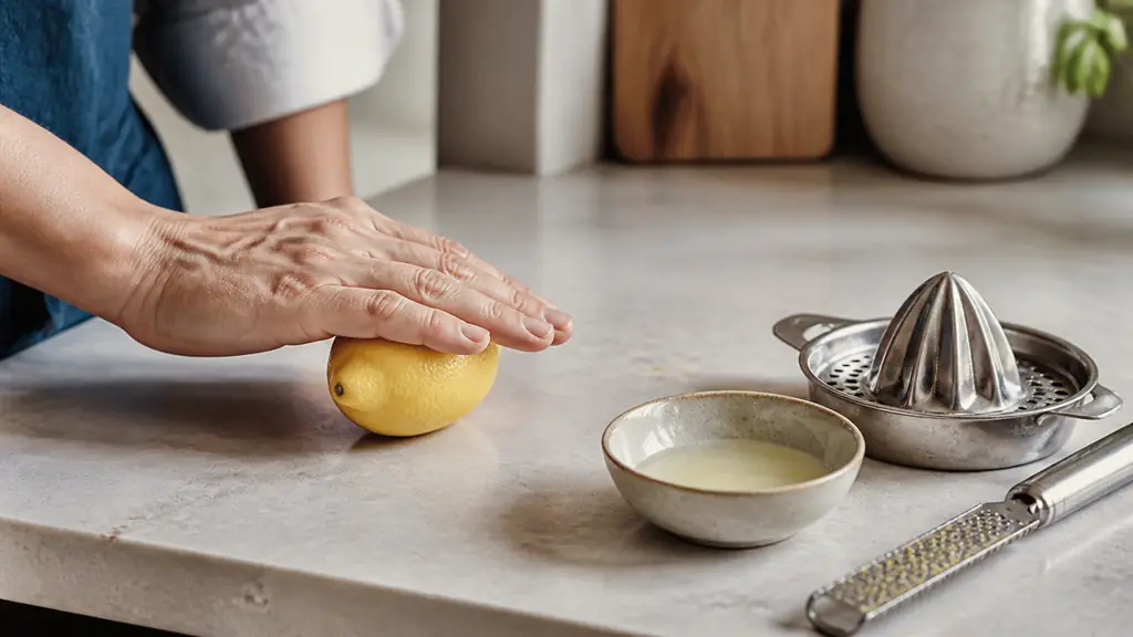 Editorial kitchen photograph of a hand rolling a whole lemon under the palm beside a citrus press, a fine zester and a small bowl holding freshly strained juice, natural daylight, no text, no logo