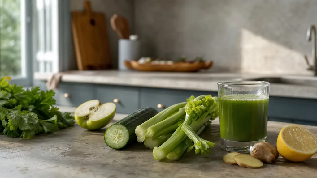 Editorial photo of a homemade green juice setup on a kitchen counter, with sliced cucumber, celery stalks, half a green apple, a cut lemon, and a small piece of fresh ginger beside a glass diluted with a splash of water, natural morning light, no text or logo