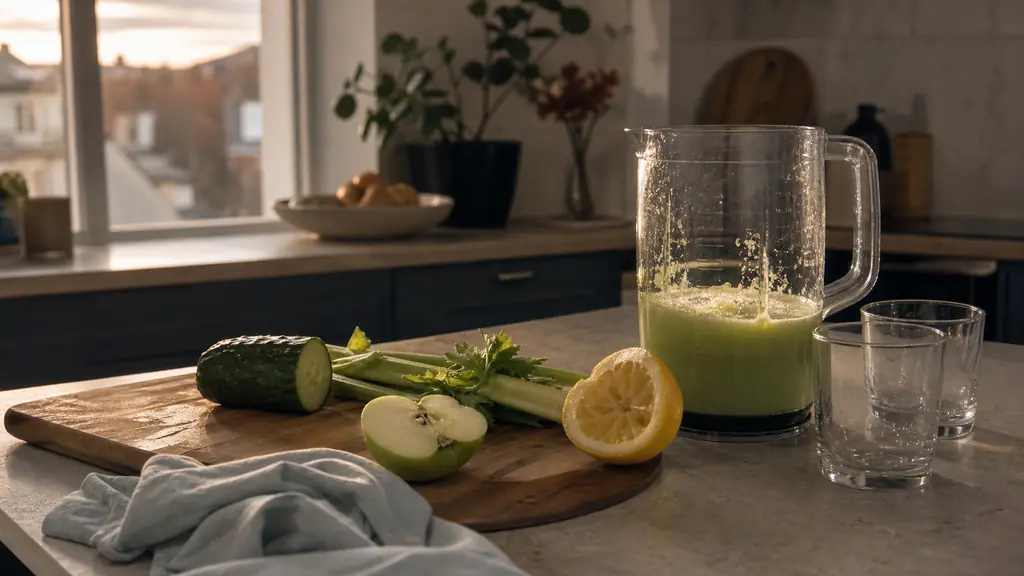 Editorial photo of a homemade juice preparation on a family kitchen counter, with half a cucumber, two celery stalks, half a green apple, a squeezed half lemon, and a blender jar partly filled with pale green juice, two small glasses ready beside it, natural evening light, no text or logo
