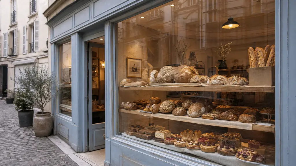 Editorial photograph of a gluten-free bakery storefront on rue des Trois Frères in Montmartre, with rustic loaves and delicate pastries displayed in the window, no visible text or logo
