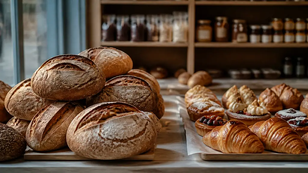 Editorial photograph of gluten-free rustic bread loaves beside delicate pastries in a Montmartre bakery display, with a small fine grocery shelf softly visible in the background, no text or logo