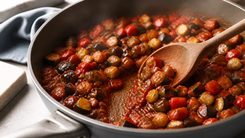 Close-up editorial food photograph of evenly diced aubergine, courgette and red pepper simmering in tomato sauce in a saute pan, with a wooden spoon revealing a thick sauce and no excess liquid