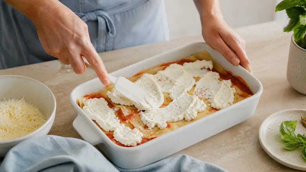 Editorial food photograph of hands assembling vegetarian lasagna in a rectangular baking dish, spreading ricotta over lasagna sheets with tomato sauce reaching every edge and grated mozzarella ready for the final layer, no text, no logo
