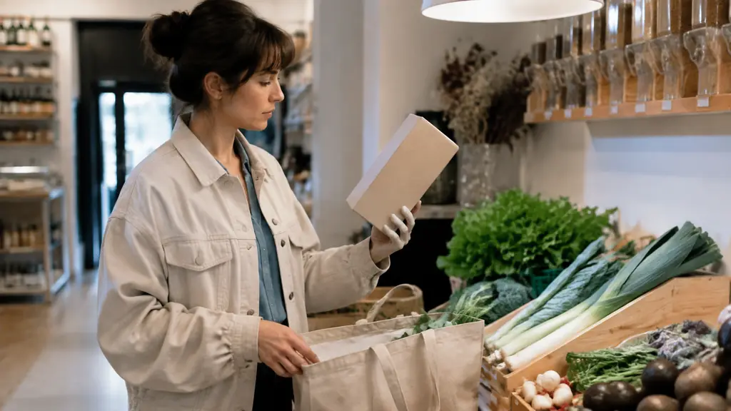 editorial photograph of a shopper comparing an unbranded prepackaged cereal box with loose vegetables beside a reusable grocery bag, no visible text or logos