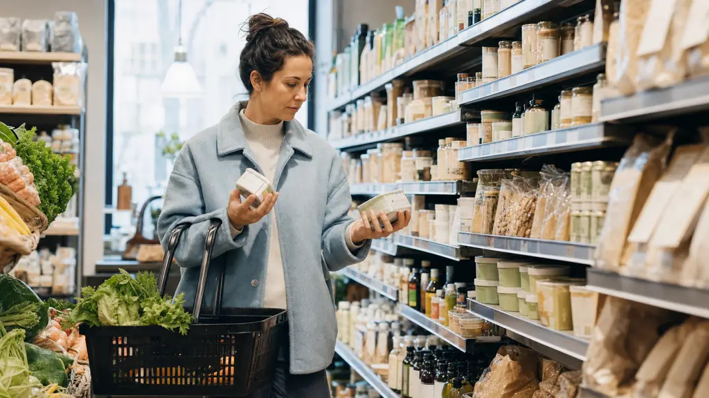 editorial photo of a woman comparing simple grocery labels in a bright organic food aisle, shopping basket in hand, natural products and vegetables around her, realistic family lifestyle, no text, no logo