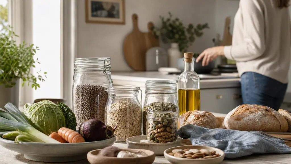 editorial photo of simple healthy pantry staples on a home kitchen counter, glass jars of lentils and oats, seeds, walnuts, olive oil, rustic bread and fresh vegetables, warm natural light, realistic family cooking atmosphere, no text, no logo