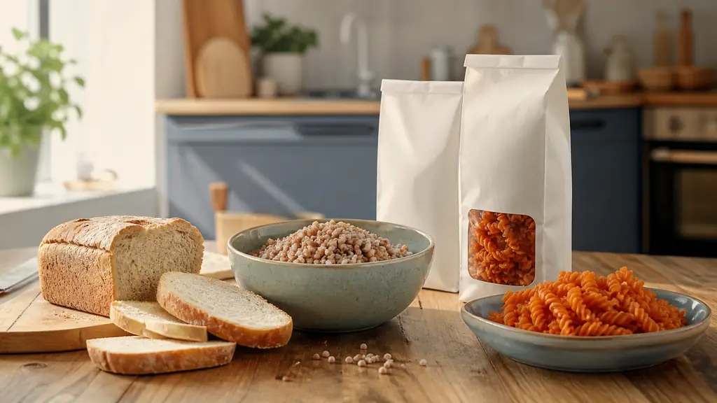 Editorial food photograph of sliced industrial gluten-free bread beside a bowl of cooked buckwheat and red lentil pasta packages on a family kitchen table, natural daylight, no text, no logo