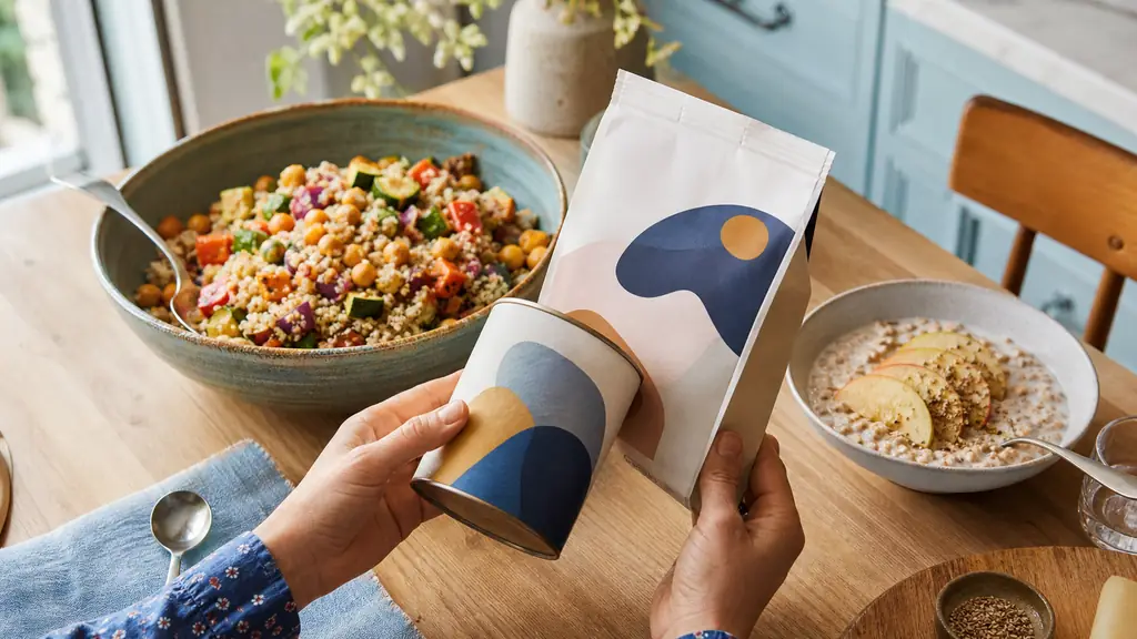 Editorial food photograph of a family kitchen table with a quinoa chickpea roasted vegetable salad, a buckwheat porridge topped with apple, and food labels being compared by hand, natural daylight, no text, no logo