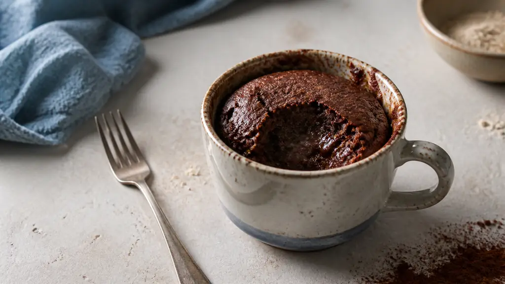 close-up editorial food photograph of a warm chocolate mug cake with a moist center, a fork beside the ceramic mug, cocoa powder and wholemeal flour visible on a kitchen counter, no text, no logo