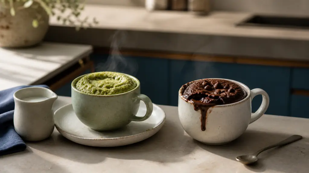 editorial food photograph of two freshly microwaved mug cakes on a kitchen counter, one green matcha version beside a small jug of plant milk and one chocolate version topped with a few chocolate chips, no text, no logo