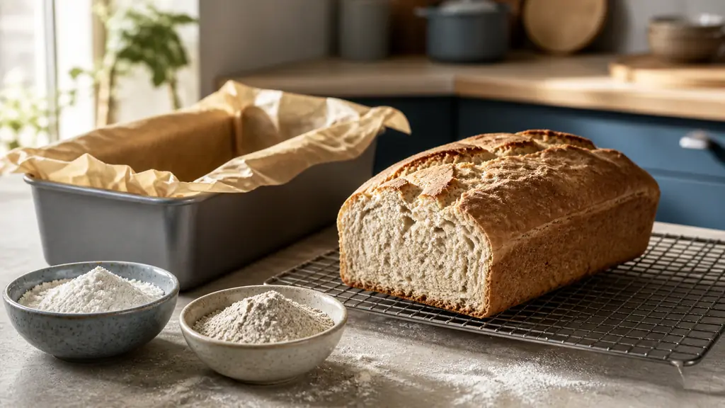 Freshly baked gluten-free loaf cooling on a wire rack beside a lined loaf pan, with rice flour and buckwheat flour in small bowls, warm natural kitchen light