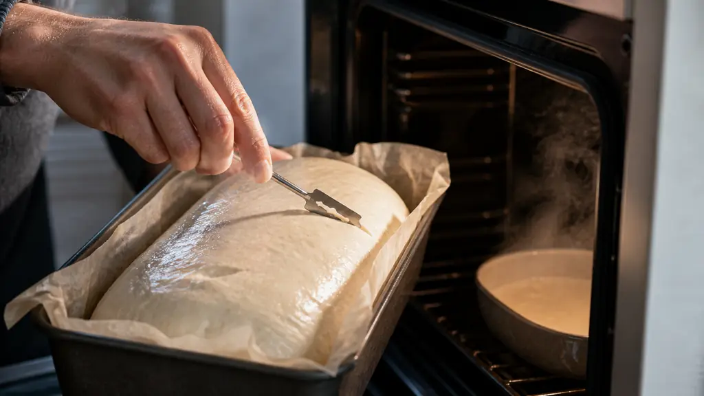 Close-up of a wet gluten-free bread dough rising in a lined loaf pan, with a baker scoring the surface at an angle and a steaming water dish visible inside the oven