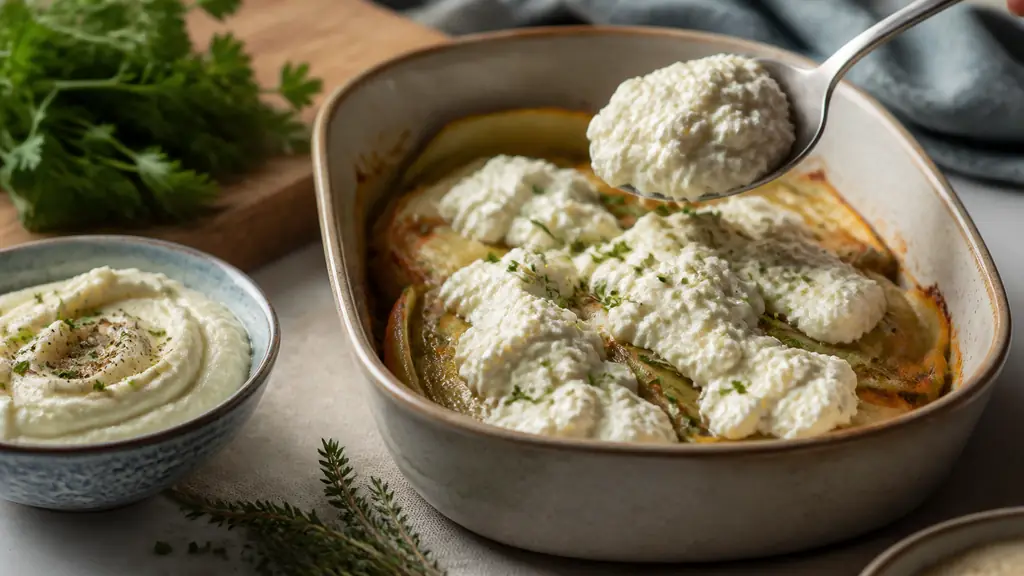 Close-up editorial food photograph of a vegetable gratin being topped with spoonfuls of ricotta beside a bowl of seasoned cauliflower puree and fresh aromatic herbs, natural kitchen light, no text, no logo