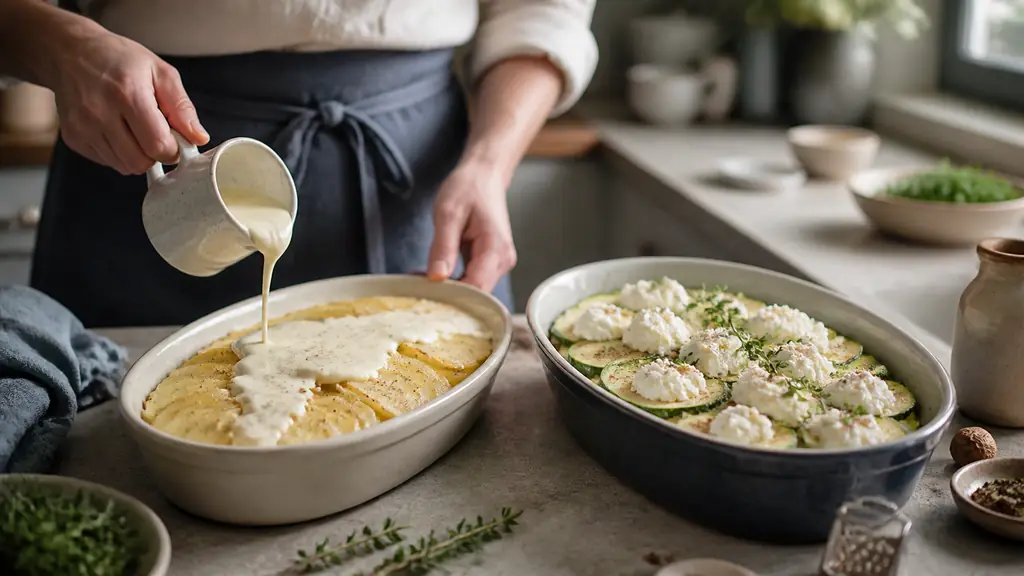 Editorial food photograph of a potato gratin being covered with seasoned cream beside a zucchini gratin topped with ricotta, fresh nutmeg and aromatic herbs on a family kitchen counter, natural light, no text, no logo