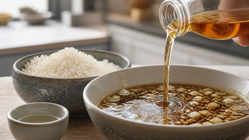 Close-up of amber mirin being poured from a small glass bottle into a Japanese marinade beside a bowl of rice koji and a ceramic cup of shochu, natural kitchen light, editorial food photography, no text, no logo
