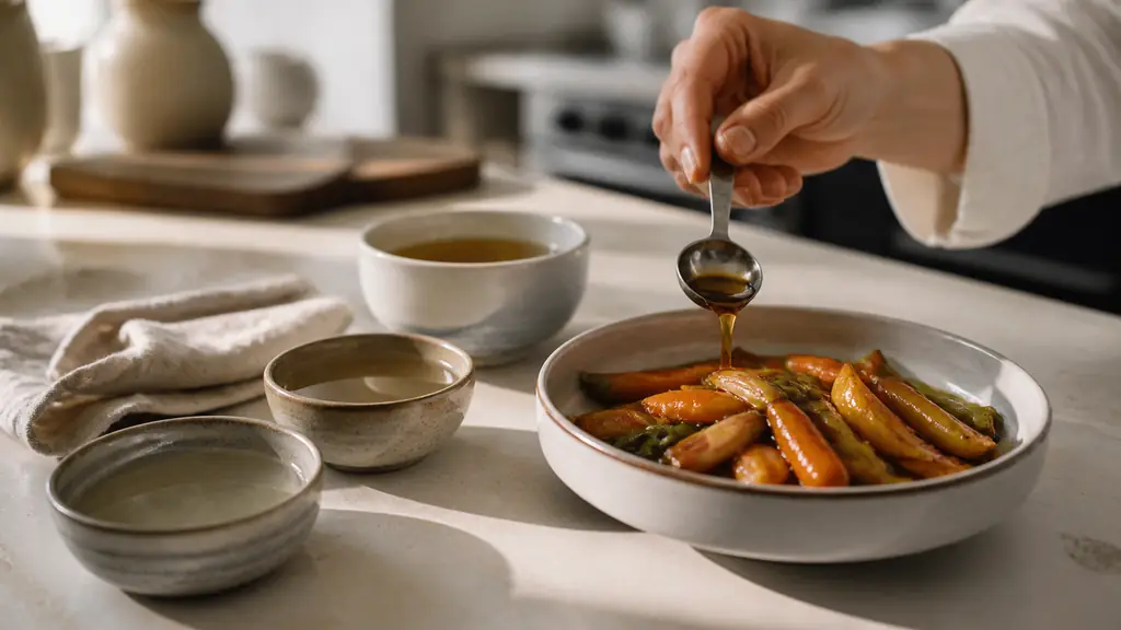Small bowls of sake, sweetened rice vinegar and apple juice beside a glazed vegetable marinade, measuring spoon in hand, warm natural kitchen light, editorial food photography, no text, no logo
