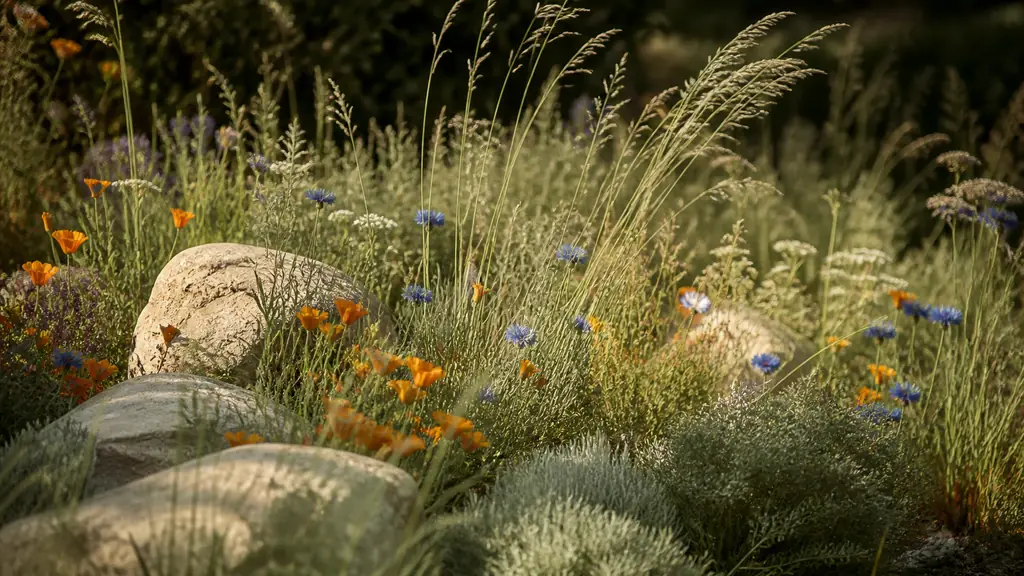 Sunny natural garden border with orange California poppies, blue cornflowers, airy grasses and a few visible stones, editorial photography, no text, no logo