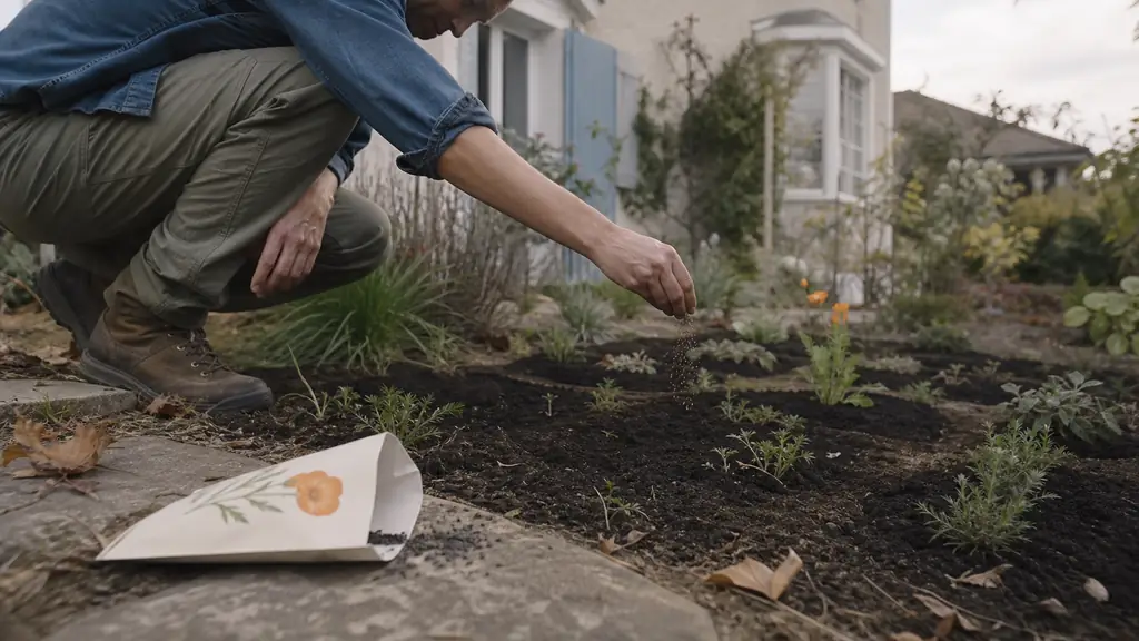 Gardener scattering California poppy seeds into several small prepared patches beside companion flower seedlings, with an open labeled seed packet and a few autumn leaves, editorial photography, no text, no logo