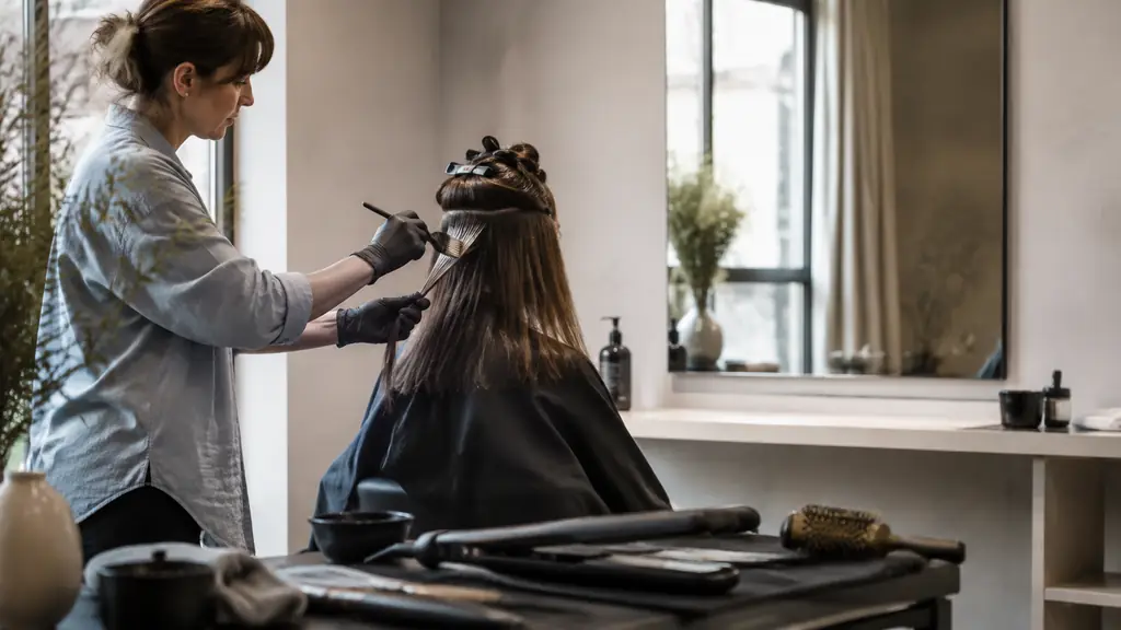 Hairdresser applying smoothing treatment strand by strand, ceramic flat iron and round brush visible on a salon workstation, natural editorial photography, no text or logo