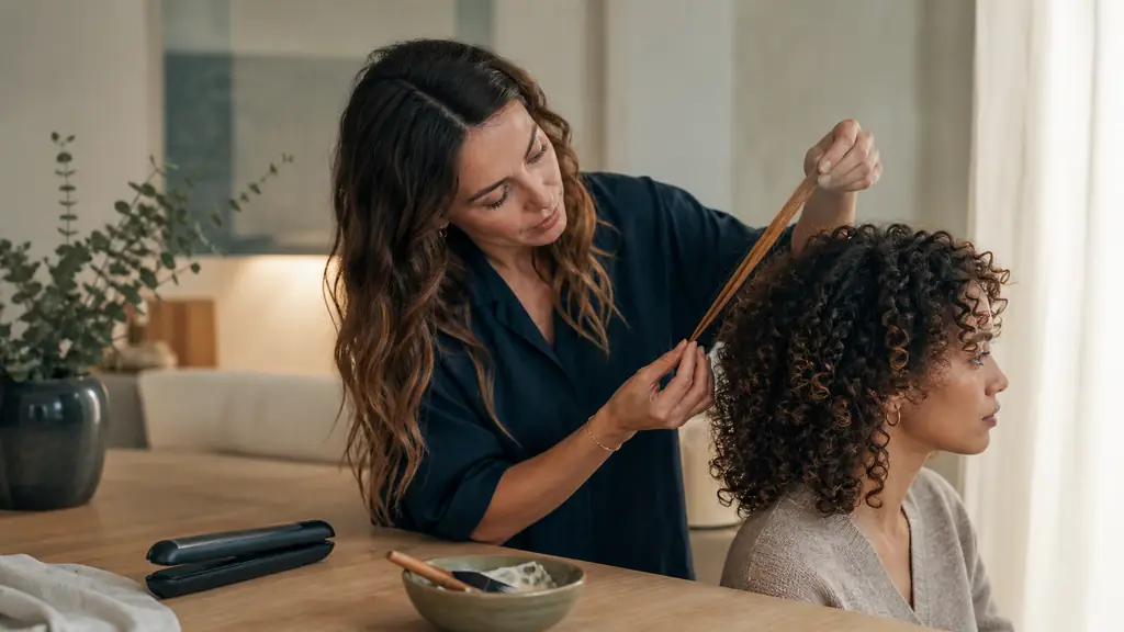 Hairstylist examining a henna-colored test strand beside naturally curly hair, bowl of hydrating treatment and ceramic flat iron resting unused, natural editorial photography, no text or logo