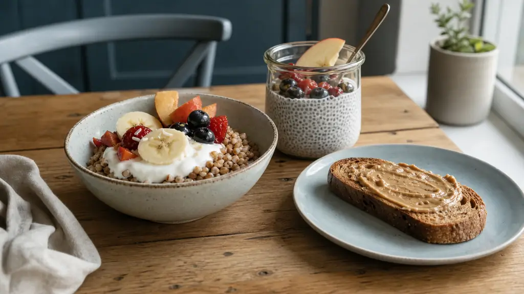 editorial photo of a quick gluten free sweet breakfast on a wooden kitchen table, bowl of buckwheat with yogurt and fresh fruit, chia pudding in a glass jar, gluten free toast with nut butter, soft morning natural light, realistic home setting, no text, no logo