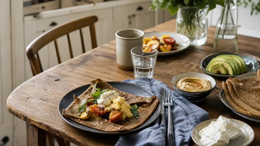 editorial photo of a gluten free savory breakfast in a real home kitchen, buckwheat galettes with scrambled eggs, roasted vegetables, hummus, avocado and fresh cheese on a wooden table, soft natural morning light, no text, no logo