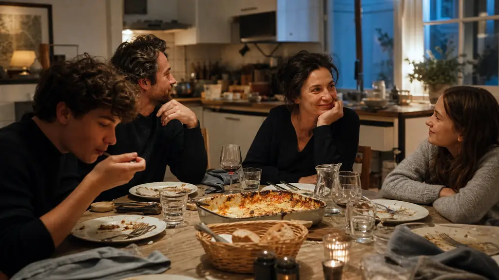 Editorial photograph of a family dinner ending warmly, with a slightly messy kitchen in the background, a freshly served homemade dish on the table, and one person enjoying the final bite