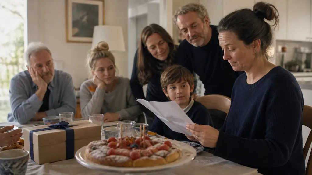Editorial photograph of a family birthday gathering, one person reading a poem beside a homemade cake while relatives listen and a wrapped surprise gift rests on the table, no text or logos