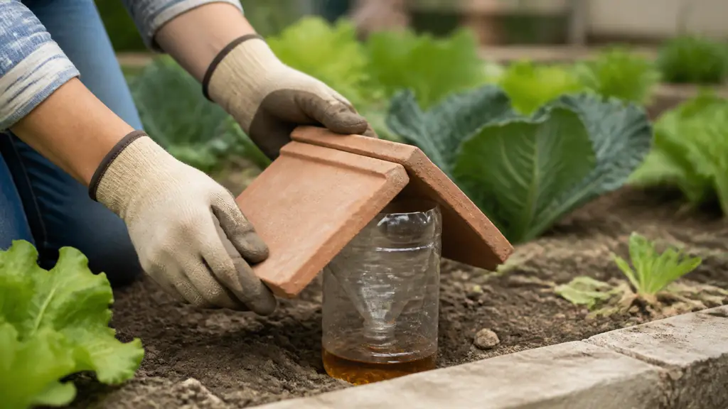 Close-up editorial photograph of gloved hands placing a homemade plastic bottle funnel trap filled with beer at the edge of a vegetable garden, with two terracotta tiles positioned above it, natural daylight, no text, no logo