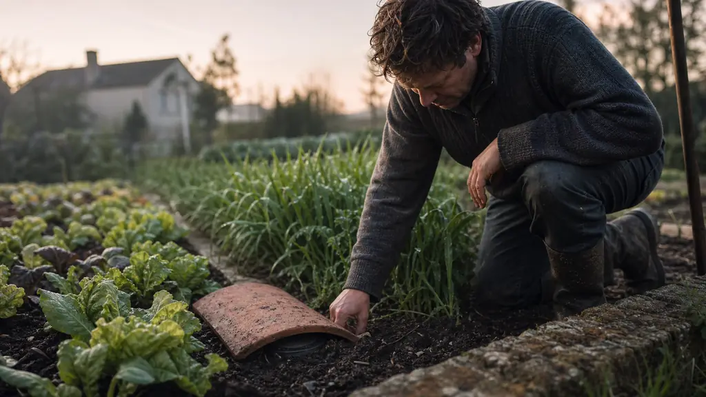 Editorial photograph at dawn of a covered beer trap set flush with the soil along the outer edge of a vegetable bed, protected by a terracotta tile, with a gardener inspecting it by hand, no text, no logo