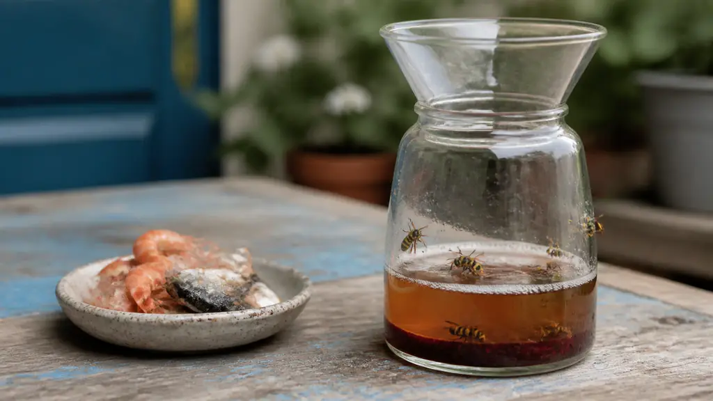 Editorial close-up photograph of a glass wasp trap on a garden table, with beer and red syrup bait beside a small dish containing sardine and shrimp shells, no text or logo