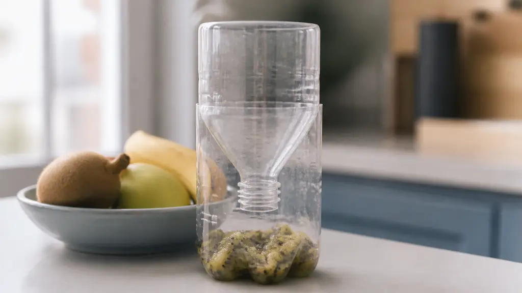 Close-up editorial photograph of a cut plastic bottle assembled as an inverted funnel trap, with overripe kiwi pieces at the bottom, placed beside a fruit bowl on a clean kitchen counter, no text, no logo