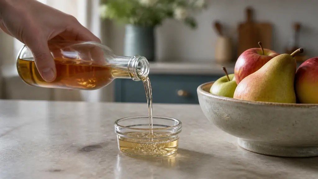 Editorial close-up photograph of apple cider vinegar being poured into a small glass ramekin with a few drops of dish soap, beside a fruit bowl on a clean kitchen counter, no text, no logo
