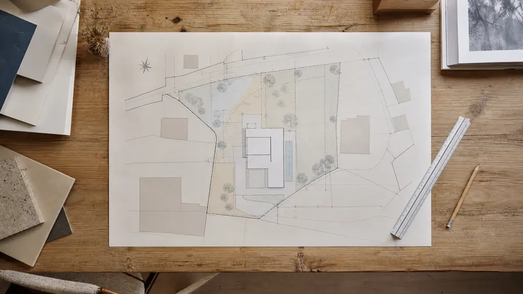 Editorial overhead photograph of a scaled site plan spread on a wooden desk, showing parcel boundaries, dimension lines and a compass, with a ruler and pencil beside it, no text or logo