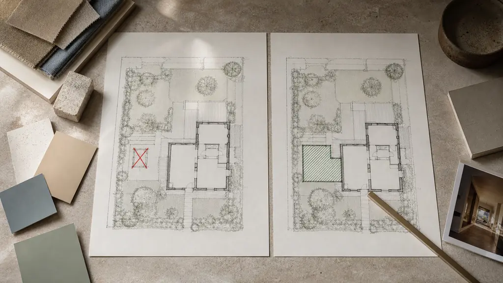 Editorial overhead photograph of two matching site plans placed side by side on a desk, one showing an existing garden shed crossed out with a red symbol and the other showing a green-hatched extension, with color swatches and a ruler, no text or logo