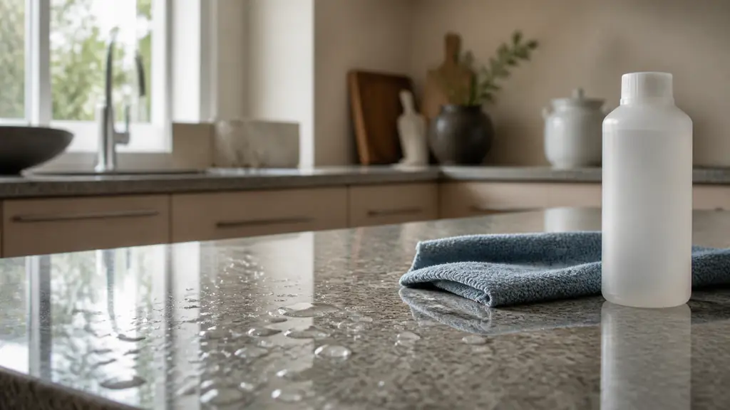 Water droplets beading on a polished granite countertop beside a soft cleaning cloth and an unbranded pH-neutral cleaner bottle, natural editorial kitchen photography, no text or logo