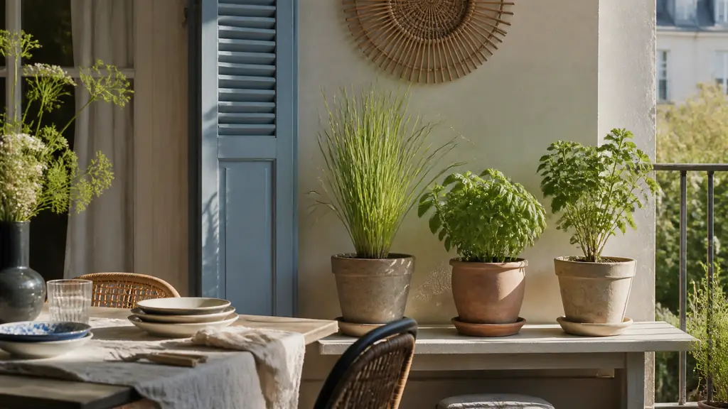 sunlit balcony dining corner with potted lemongrass, lemon basil and scented pelargonium grouped beside a table, dry empty saucers visible, natural editorial photography