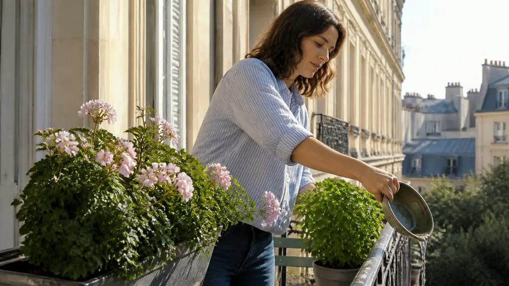 editorial photograph of a sunny apartment balcony with scented pelargonium in a window box, potted mint kept separately, and a person emptying water from a plant saucer, no text or logo
