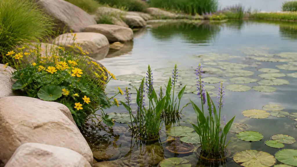 editorial photograph of a garden pond edge showing yellow marsh marigolds, purple pickerelweed emerging from a submerged aquatic basket, and water lily leaves floating on the surface, natural daylight, no text, no logo