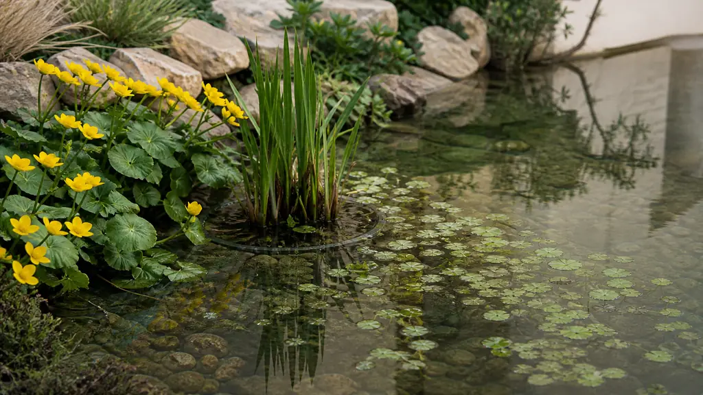 editorial photograph of a pond shelf with yellow marsh marigolds on the bank, dwarf cattails growing in an aquatic basket, and frogbit floating on the water, natural daylight, no text, no logo