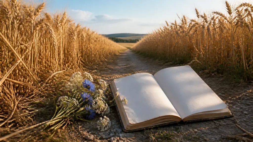 An open French poetry book beside wildflowers on a sunlit wheat path during a blue summer evening, editorial photography, no text, no logo