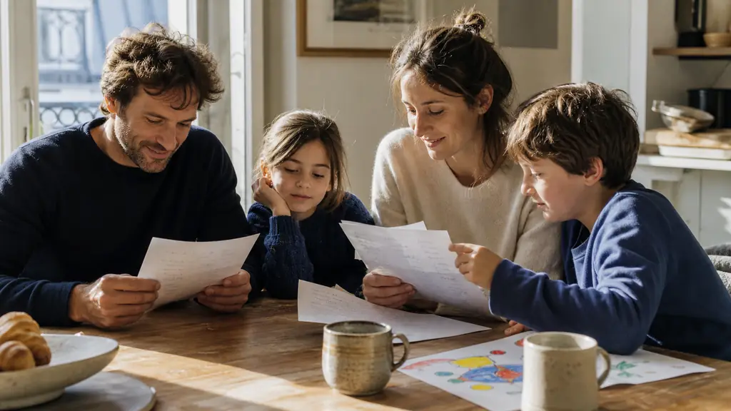 A family reading handwritten French verses around a wooden breakfast table, with a child's drawing and two ceramic mugs in morning sunlight, editorial photography, no text, no logo