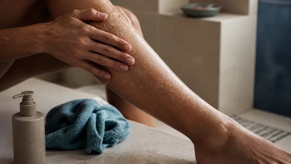 close-up editorial photograph of a woman gently applying a fine-grain body scrub to a wet lower leg in the shower, with a soft washcloth and a simple moisturizer bottle nearby, no text, no logo